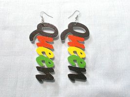 Queen Text Rasta Colors Red Yellow Green Black Wooden Earrings 3 3/4&quot; Drop - £3.98 GBP