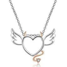 Solitaire Diamond Angel Heart &amp; Devil Pendant Necklace Sterling Silver - £20.85 GBP
