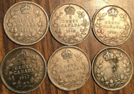 1911 1912 1913 1917 1919 1920 Lot Of 6 Canada Silver 5 Cents Coins - £20.27 GBP