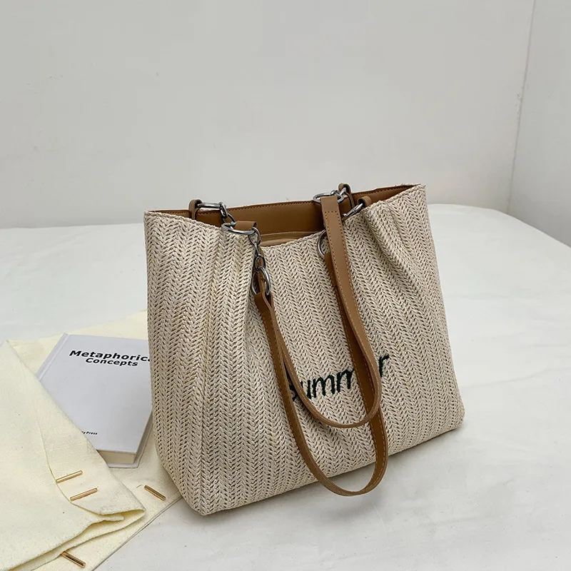 Women&#39;s Shoulder Bag Large Capacity Straw Woven Tote Bag Casual Style Summer Bea - $116.90