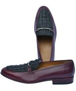 Luxury Maroon Bit Loafer Black Horn-Back Real Crocodile Leather Vamp Dre... - $547.06 CAD