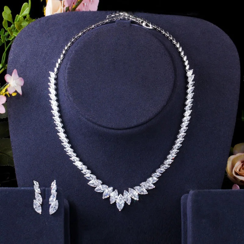 Top Quality Marquise Cut CZ Cubic Zirconia Wedding Choker Necklace and Earrings  - £41.85 GBP