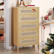 Dwvo 47&quot; Tall Natural Rattan 5 Drawer Dresser, Boho Dresser Chest Of, Oak - $1,613.93 MXN