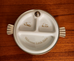 Vintage Eureka Child Baby Food Warmer Plate Metal Enamel “Welcome Little Babe” - £14.24 GBP