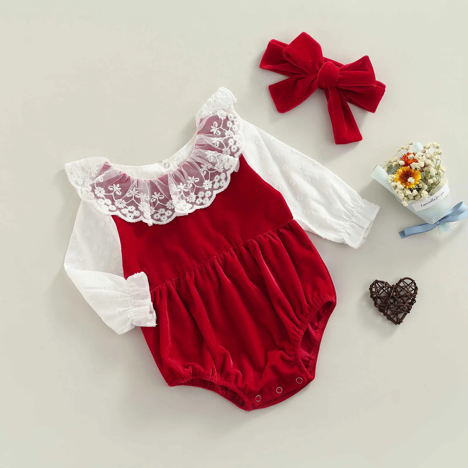 Newborn Baby Girls 2pcs Romper Clothes Set Autumn  Infant Wine Red Long Sleeve   - £33.67 GBP