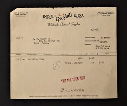 1944 antique JNO. E. GRAYBILL ELECTRIC SUPPLIES RECEIPT york pa J E BAKER - £14.75 GBP