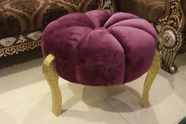 Handmade Wooden Pink Round Pouf Ottoman | Velvet Ottoman | Round Pouf - £638.68 GBP