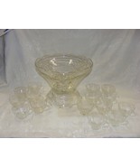 Vintage Glass Punch Bowl with Pedestal Stand &amp; 12 Cups Harvest Grape Pat... - €72,95 EUR