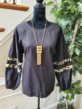 Zara Basic Women&#39;s Black Cotton Long Sleeve Round Neck Tie Blouse Size M - £22.01 GBP