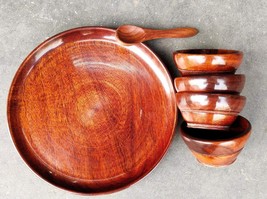 Wooden Brown 4.5inch 6inch Serving Four Bowl with Wooden Plates and Spoons Set - £24.69 GBP