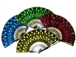 6 SEQUIN EMBROIDERIED HELD HAND FANS novelty 8 inch fan new LADIES acces... - $12.34