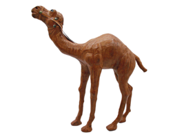 Leather Wrapped Camel Figurine 14&quot; Dromedary Statue 1970s Vintage Brown Detailed - £69.00 GBP