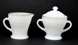 Vintage Fire King Oven Ware Milk Glass Swirl Cream And Sugar Set With Go... - $18.95