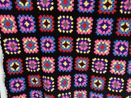 Vintage Granny Square Blanket Black Pink Multi Queen Bedspread Large 102 x 72 - $132.04