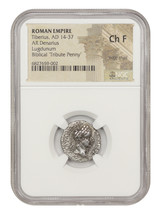 Ancient Roman: Tiberius (AD 14-37) AR Denarius NGC Choice Fine (Lugdunum) - $585.64