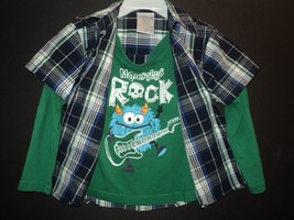 Toughskins Boys Size 3T Monsters Rock Layered Look Long Sleeved Shirt Plaid - £7.96 GBP