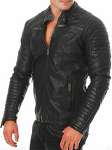 Mens Cafe Racer Motorcycle Stylish Biker Black Real Lambskin Leather Jac... - €115,40 EUR