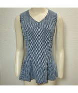 HALSTON Peplum Top Sleeveless Blue Pattern V-Neck Blouse Stretchy Small - $33.24