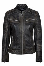 Women Cafe Racer Moto Biker Distressed Black Leather Jacket Size S M L X... - $104.99