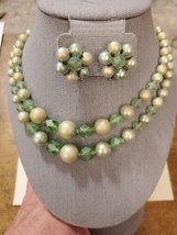 Vintage Japan Green Pearl Crystal 2 Strand Necklace &amp; Clip-On Earrings 1... - £20.00 GBP