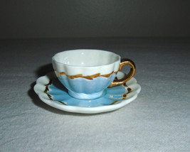 Artone Miniature Teacup &amp; Saucer Bone China England Vintage Blue and Gold - $14.85