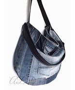 Slouchy Denim Hobo Bag: Large Jeans Shoulder Bag with Leather Accents - $130.00