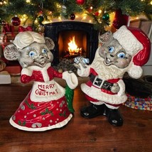 Kitschy Vintage Mr Mrs Santa Claus Mice Wasted Ceramic Handpainted 9.5&quot; Red 70s - $72.38