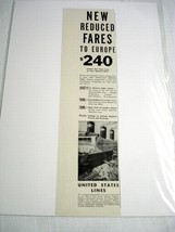 1931 United States Lines Ocean Liner Ad Cruise Ship New Reduced Fares - £7.06 GBP