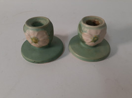 Weller Pottery Matte Green Wild Rose Candle Holders - $38.93