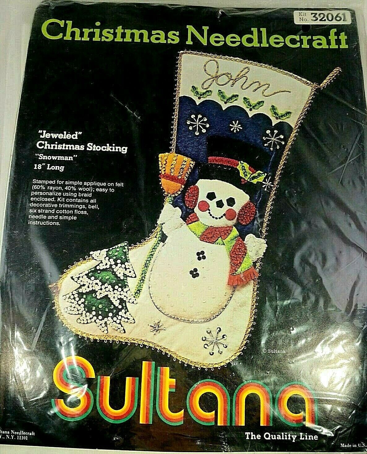 Sultana Christmas Needlecraft Jeweled Christmas Stocking Snowman 18" Long Kit - $31.59