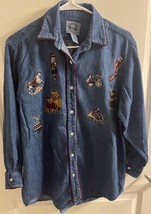 Cambridge Dry Goods Womens Christmas Embroidered Denim Button Up Shirt Size 4   - £28.31 GBP