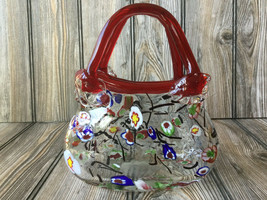 Murano Style CLEAR ART GLASS Vase Floral Red Handle Purse Millefiori 8”x7” - $32.26