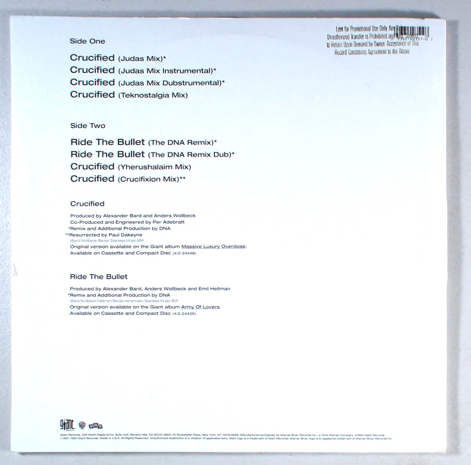 Army of Lovers - Crucified / Ride the Bullet (1992) Vinyl 12" Single โข PROMO Item image 2