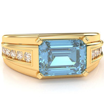 Men&#39;s Blue Topaz Diamond Channel Ring In Solid 14k Yellow Gold - £706.95 GBP