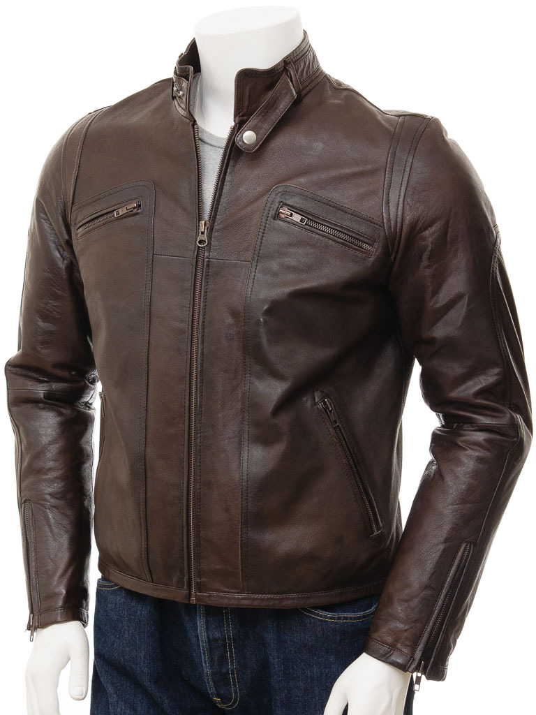 LE Men Biker Leather Jacket in Brown Miass