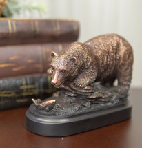 Woodlands Grizzly Bear By River Rock Catching Fish Bronze Electroplated Figurine - £23.10 GBP