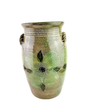 Rising Sun Pottery 2003 S. Conrad Green Floral Vase Handled - £30.36 GBP