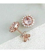 2.00Ct Round Cut Morganite and Diamond Halo Stud Earrings 14K Rose Gold ... - £72.71 GBP