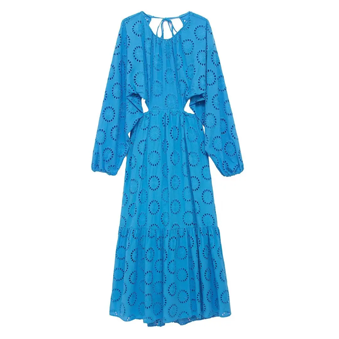 TRAF Blue Cutwork Long Dress Women Embroidery Maxi Dress Woman Summer Backless F - £78.21 GBP