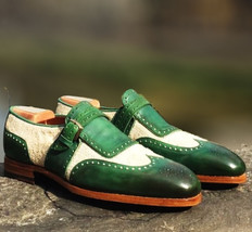 Green White Monk Shoes Men&#39;s Premium Quality Burnished Brogue Toe Suede Leather - $137.19