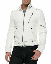 Men&#39;s Jacket Real Soft Lambskin Leather Stylish WHITE Handmade Motorcycle Biker - £85.50 GBP