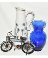 Blue White Dandelion Pitcher Vase 13&quot; Distressed Crackle Glaze Ceramic V... - £31.17 GBP