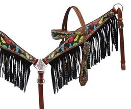 Western Saddle Horse Bling ! Leather Tack Set Bridle + Breast Collar w/ Fringe - £70.98 GBP