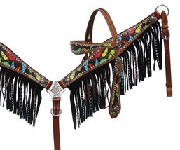 Western Saddle Horse Bling ! Leather Tack Set Bridle + Breast Collar w/ Fringe - £61.12 GBP