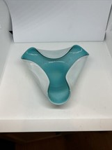 Vintage Mid Century 60&#39;s MCM Turquoise + White Art Glass Cased Dish 7&quot; - £19.43 GBP