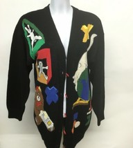 School House Teacher Sweater Cardigan SZ Medium Black w Animals P Galli ... - $13.98