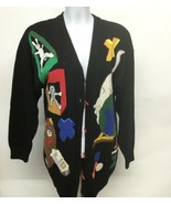 School House Teacher Sweater Cardigan SZ Medium Black w Animals P Galli ... - $265.71 MXN