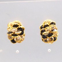 Vintage Monet Bezel Set Crystal Cluster Earrings, Black and White in Gold Tone - £39.56 GBP