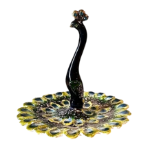 Enameled Pewter Peacock Ring Holder Jewelry Trinket Tray Jeweled Glitter - £18.67 GBP