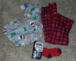 Boys Pajamas Christmas Lounge Pants &amp; Socks 3 Pc Red Plaid Gray Cookies-... - $17.82